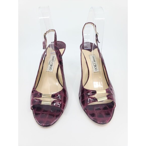 Jimmy Choo Vintage Plum Alligator Open Toe Slingback Gold Accent Pumps Size 40 - Picture 2 of 8